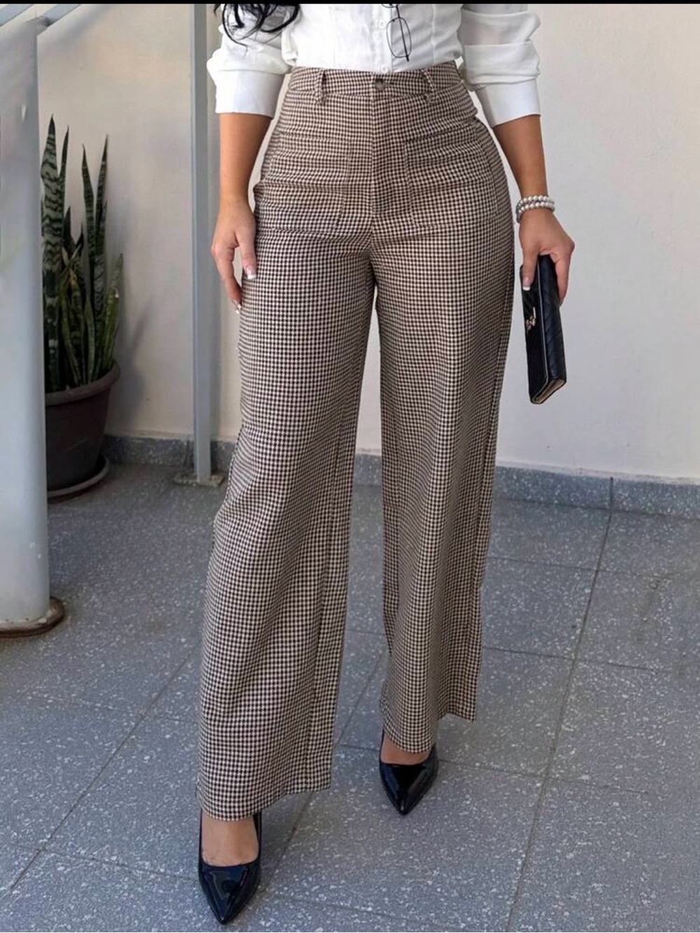 SHEIN Brown Houndstooth High-Waist Wide-Leg Pants